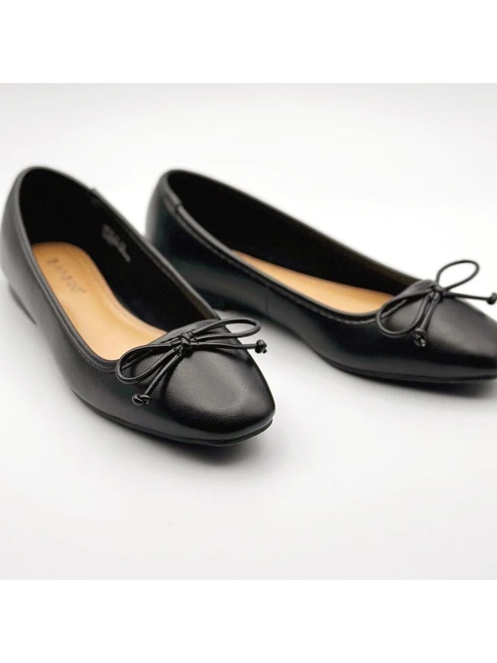 Bamboo Ballet Flats with Bow in Black Faux Leather